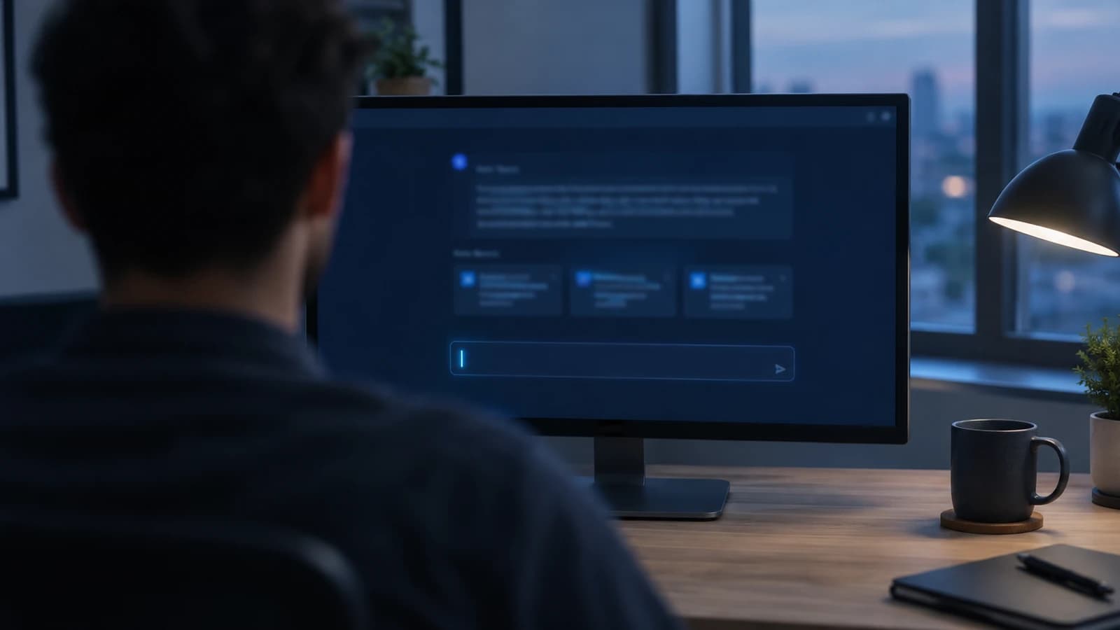 Over an engineer's shoulder: a chat-style console showing an answer with its source cards, the cursor ready for the next question.