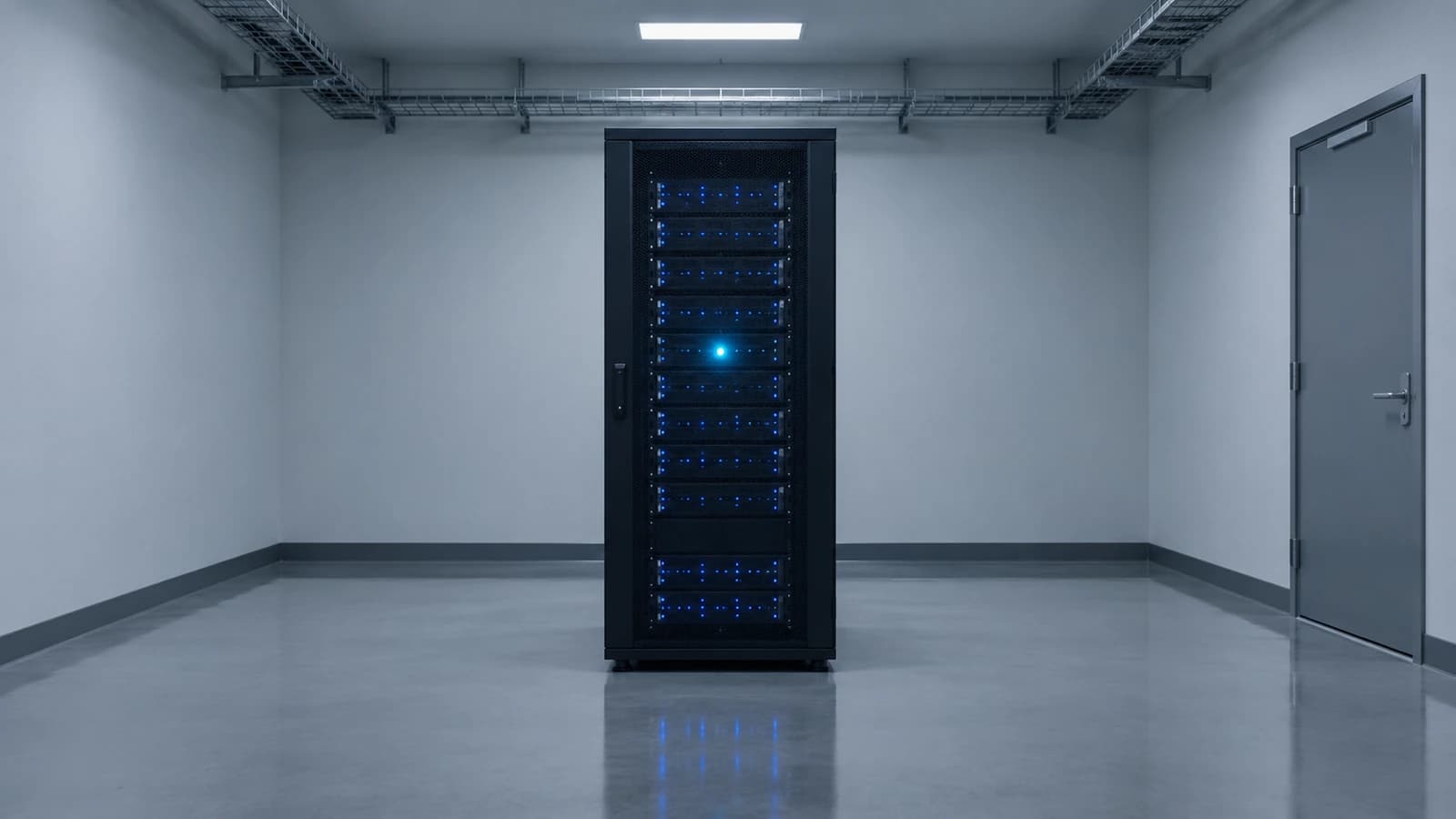 A single server rack alone in a small sealed room, its lights on, with no cables leaving the room.