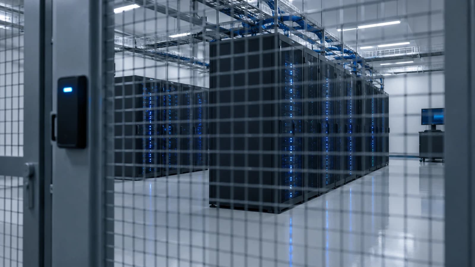 A closed mesh cage in a data centre, with neat server racks clearly visible through it but out of reach.