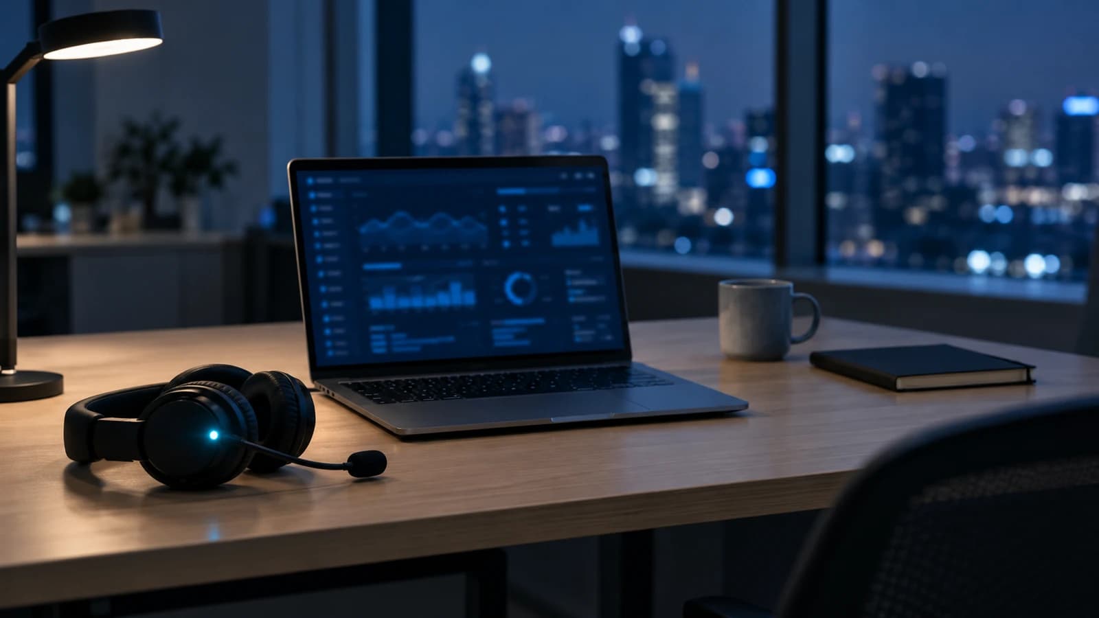 An engineer's desk at night: a laptop open on a blurred blue dashboard, a headset set down beside it with its small light on.
