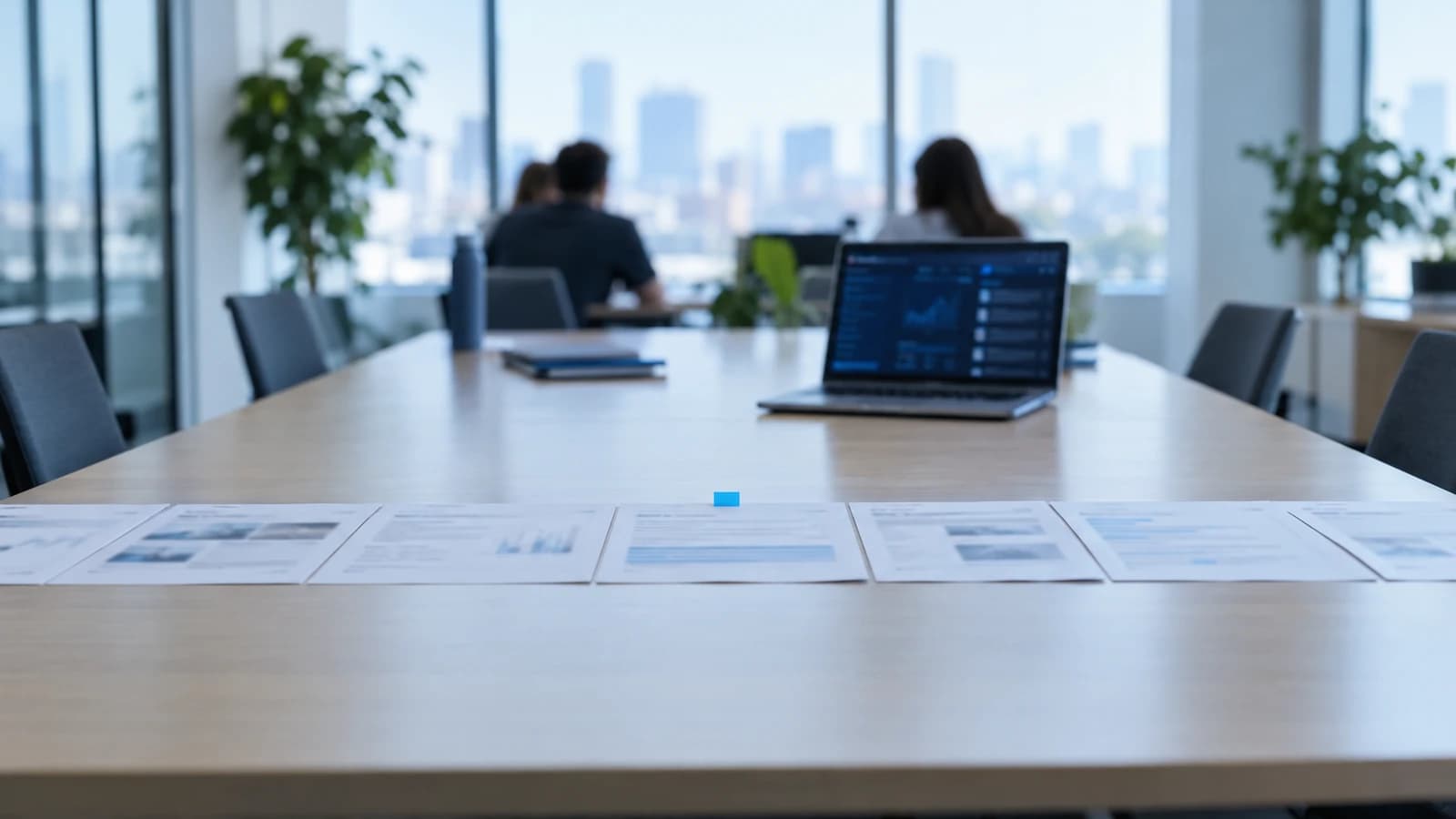 A meeting room where printed pages are laid out like a timeline on the table, with one page tabbed as the cause.